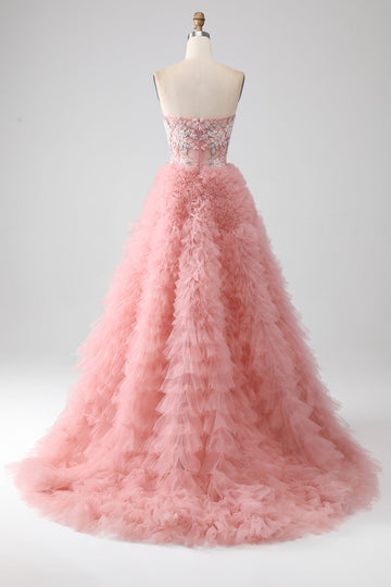Blush A-ligne Bretelles Perles Robe Longue À Niveaux
